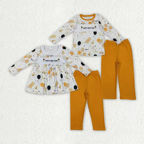 11.1 RTS Sibling Baby Boys Girls Embroidery Happy New Year Balloons Stars Top Pants Clothes Sets