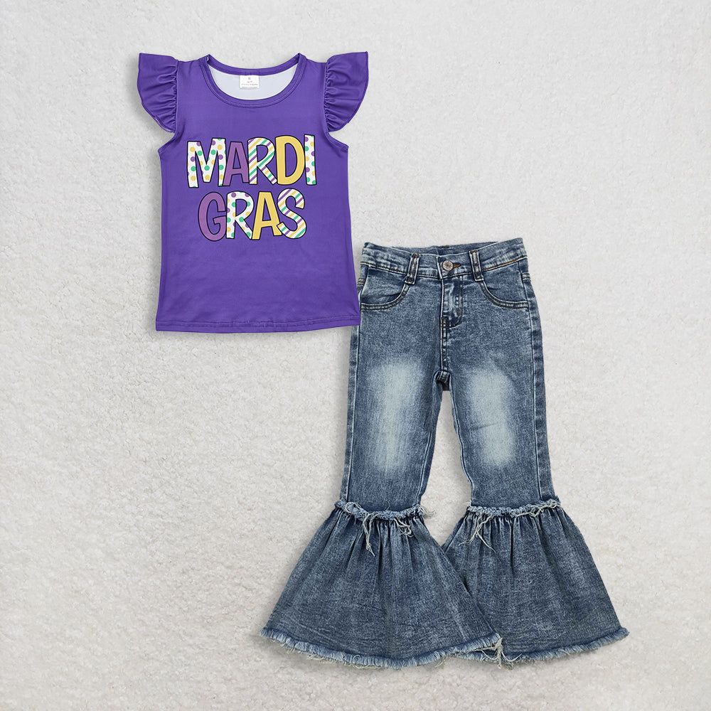3.2 RTS NO MOQ （In stock）GT0814 + P0676 Baby Girls Mardi Gras Purple Shirt Denim Jeans Pants Clothes Sets