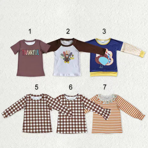 9.26 RTS Sibling Baby Boys Girls Turkey Checked Stripe Thanksgiving Tee Shirts Top