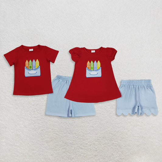 RTS Sibling Red crayon top scallop shorts girls and girls back to school outfits