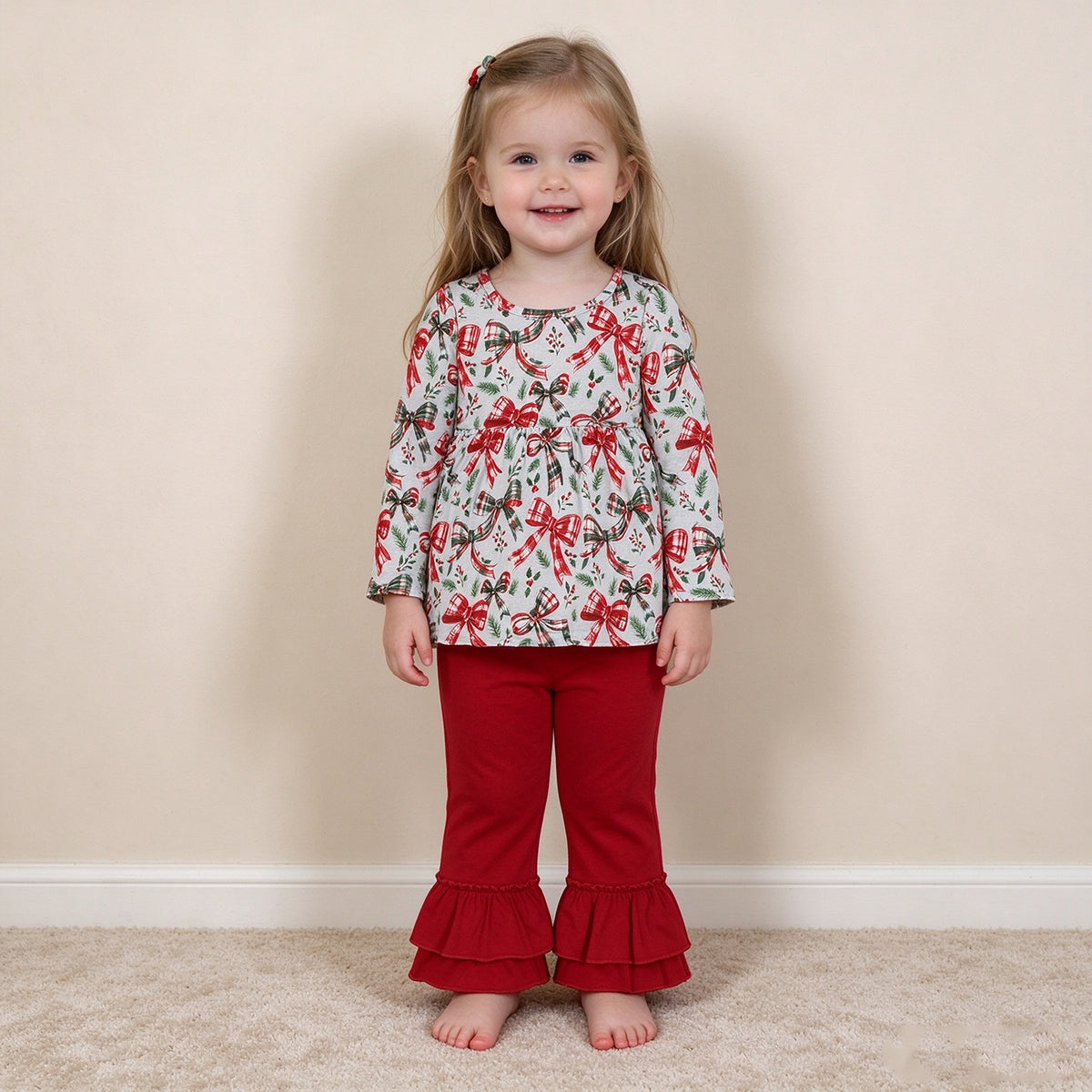 RTS NO MOQ （In stock）GLP3541 milk silk Baby Girls Checked Bows Holly Top Ruffle Pant Christmas Clothes Sets