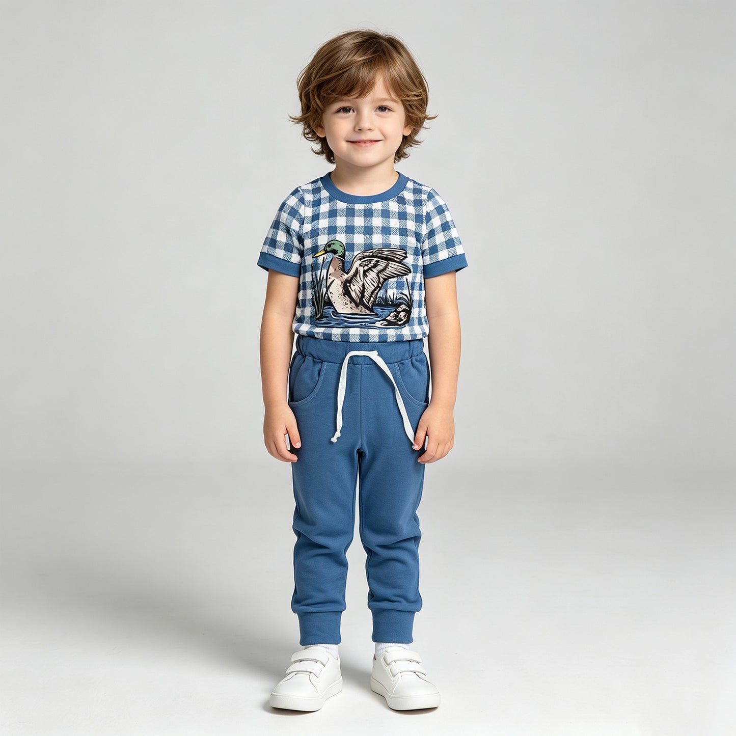 BSPO0690 RTS NO MOQ （In stock）Baby Boys Blue Checked Ducks Top Pockets Jogger Hunting Clothes Sets