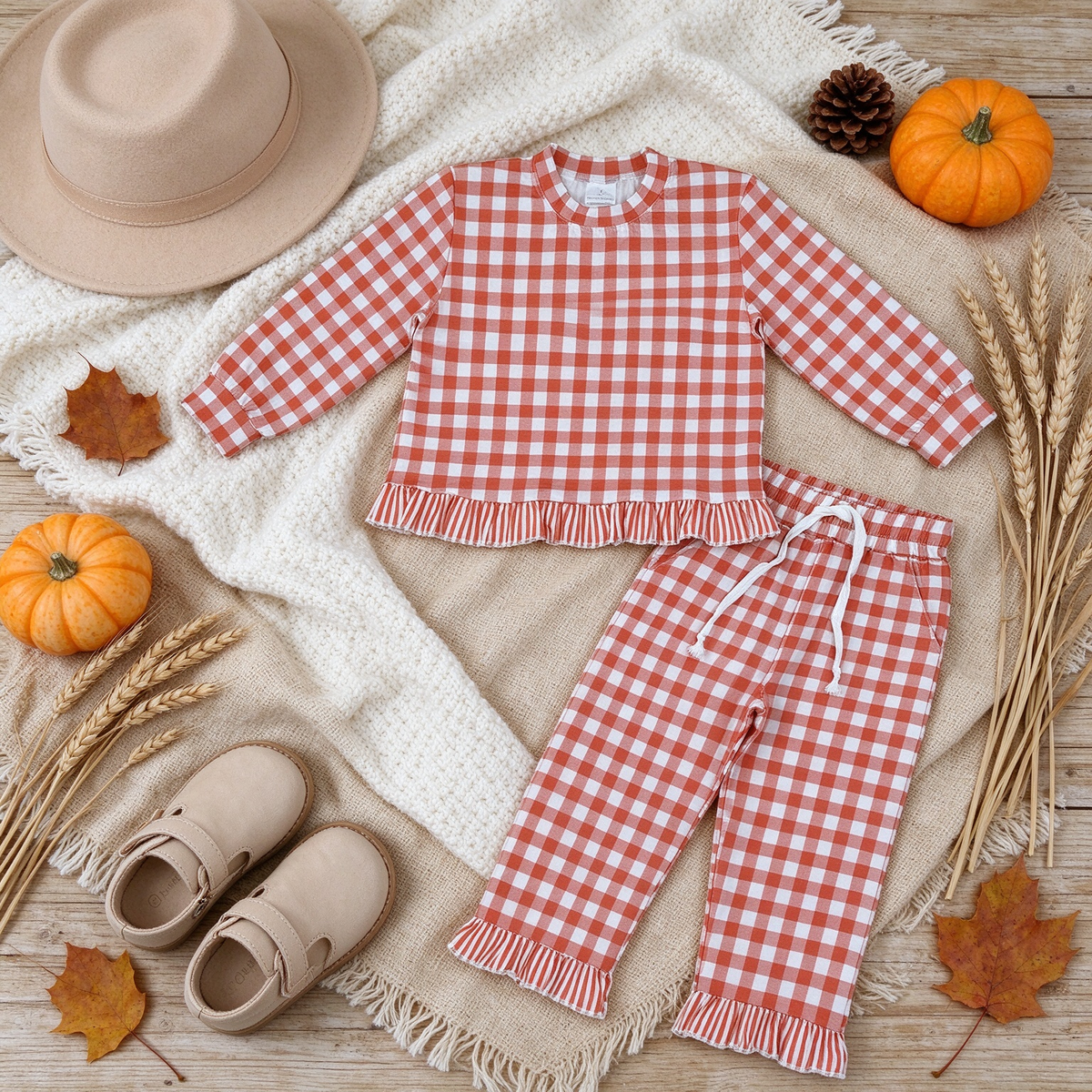 RTS NO MOQ （In stock）milk silk GLP3672 Baby Girls Orange Checked Long Sleeve Top Side Pockets Ruffle Pant Fall Clothes Set
