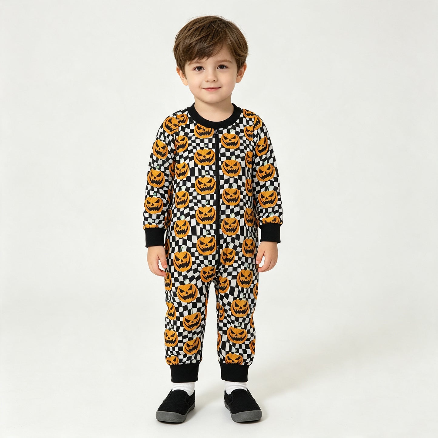 USA Warehouse (IN STOCK) LR1389 milk silk Smocked Baby Boys Halloween Checkered Pumpkin Long Sleeve Romper