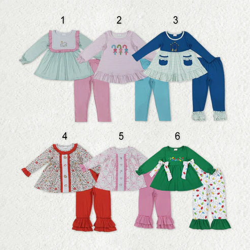9.19 RTS Sibling Baby Girls Embroidery Santa Nativity Candy Cane Lights Tunic Pants Christmas Clothes Sets