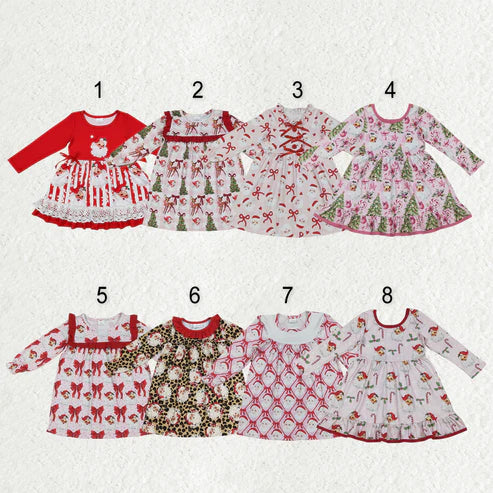10.30 RST Sibling Baby Girls Bows Santa Trees Plaid Christmas Ruffle Knee Length Dresses