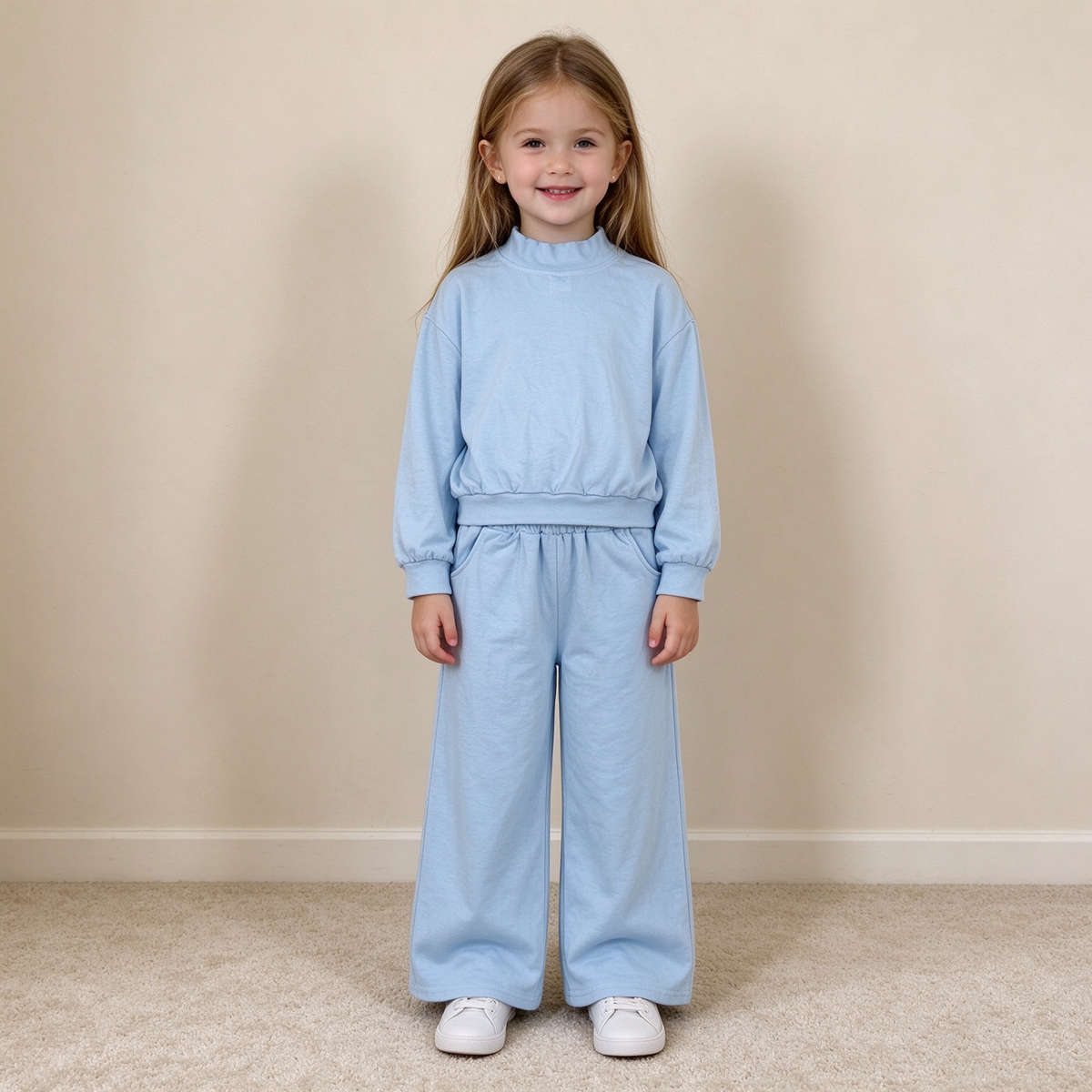 RTS NO MOQ （In stock）cotton GLP3472 High Neck Baby Girls Light Blue Pocket Long Sleeve Top Flare Pants Sleepwear Set