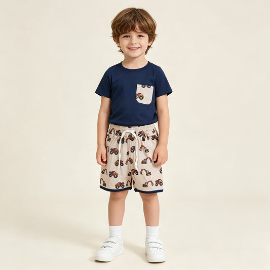 BSSO1364 RTS NO MOQ （In stock ）Baby Boys Navy Shirts Pocket Top Excavators Shorts Clothes