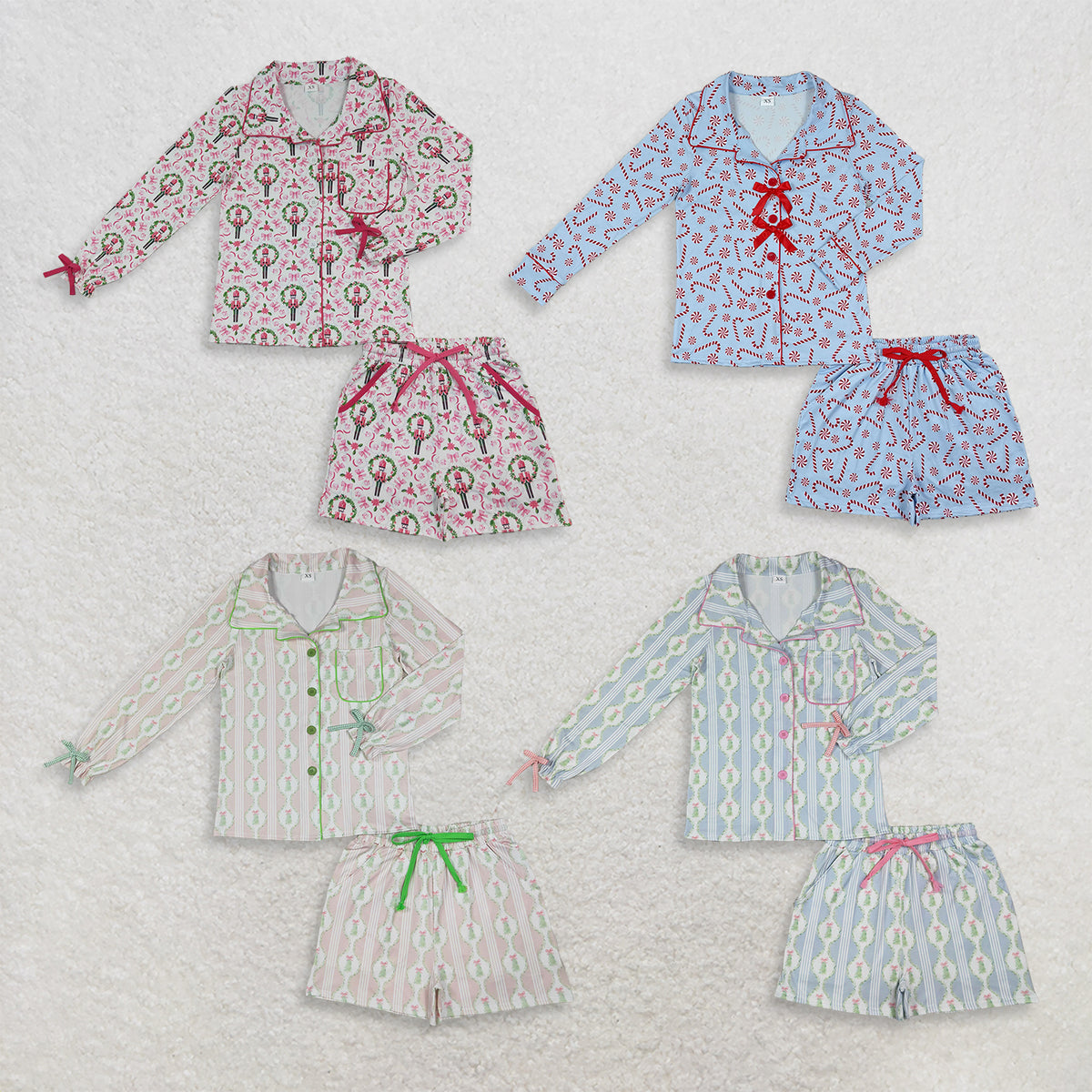 RTS NO MOQ Sibling milk silk Adult Women Long Sleeve Trees Bows Button Pockets Short Christmas Halloween Pajamas Sets