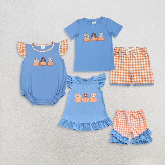 RTS Sibling Baby Girls Boys and Girls Plaid Shorts Rompers Short Sleeves Pumpkin Dog Top Fall Clothes for Kids