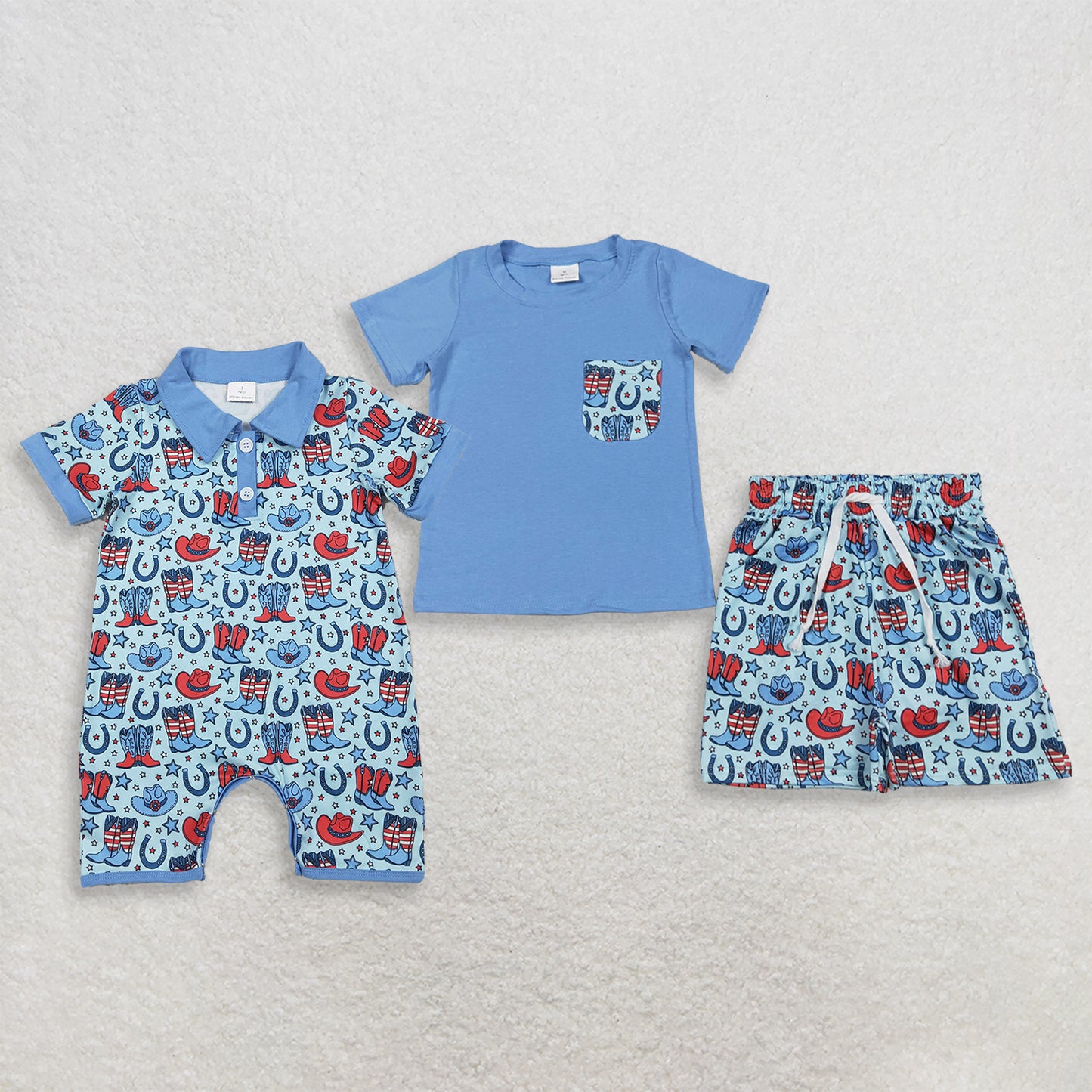 RTS Sibling Pocket top boots hat shorts boys 4th of july outfits and romper