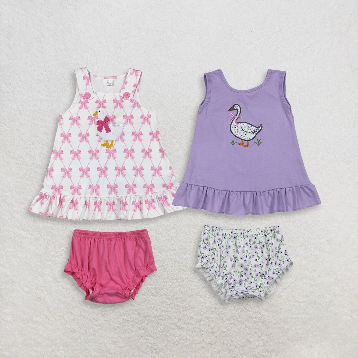 RTS Sibling Lavender floral and pink bow goose top bummies baby girls set