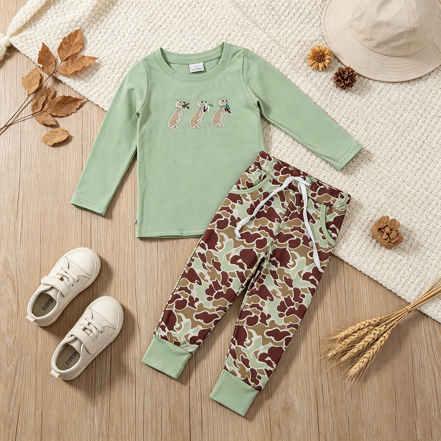 RTS NO MOQ （In stock）BLP1492 Embroidery Toddler Boys Dog Duck Print Top Matching Camo Pocket Jogger Two Piece Hunting Clothes Set