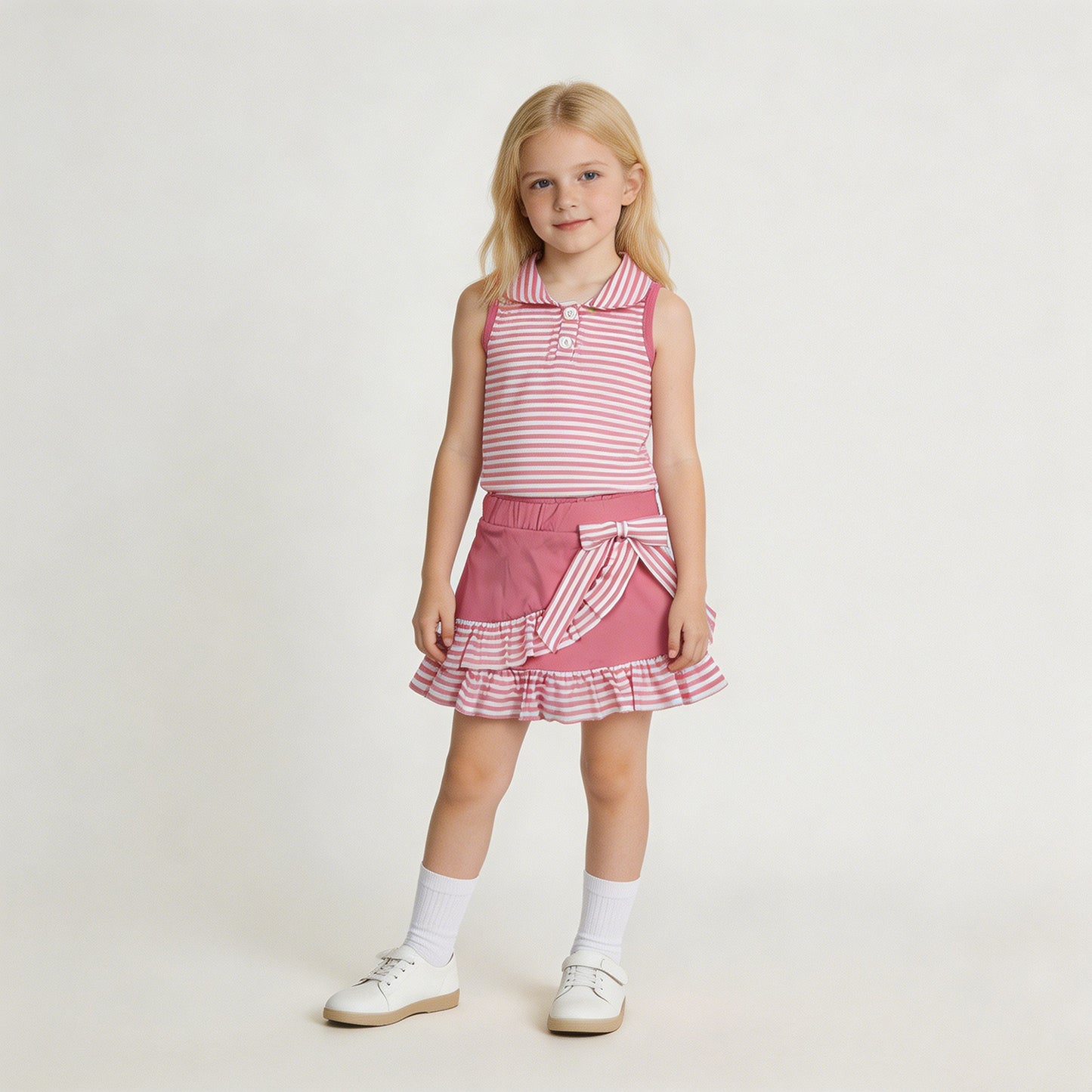 GSD3408 RTS NO MOQ （In stock）Sleeveless pink stripe polo shirt skirt girls active wear set