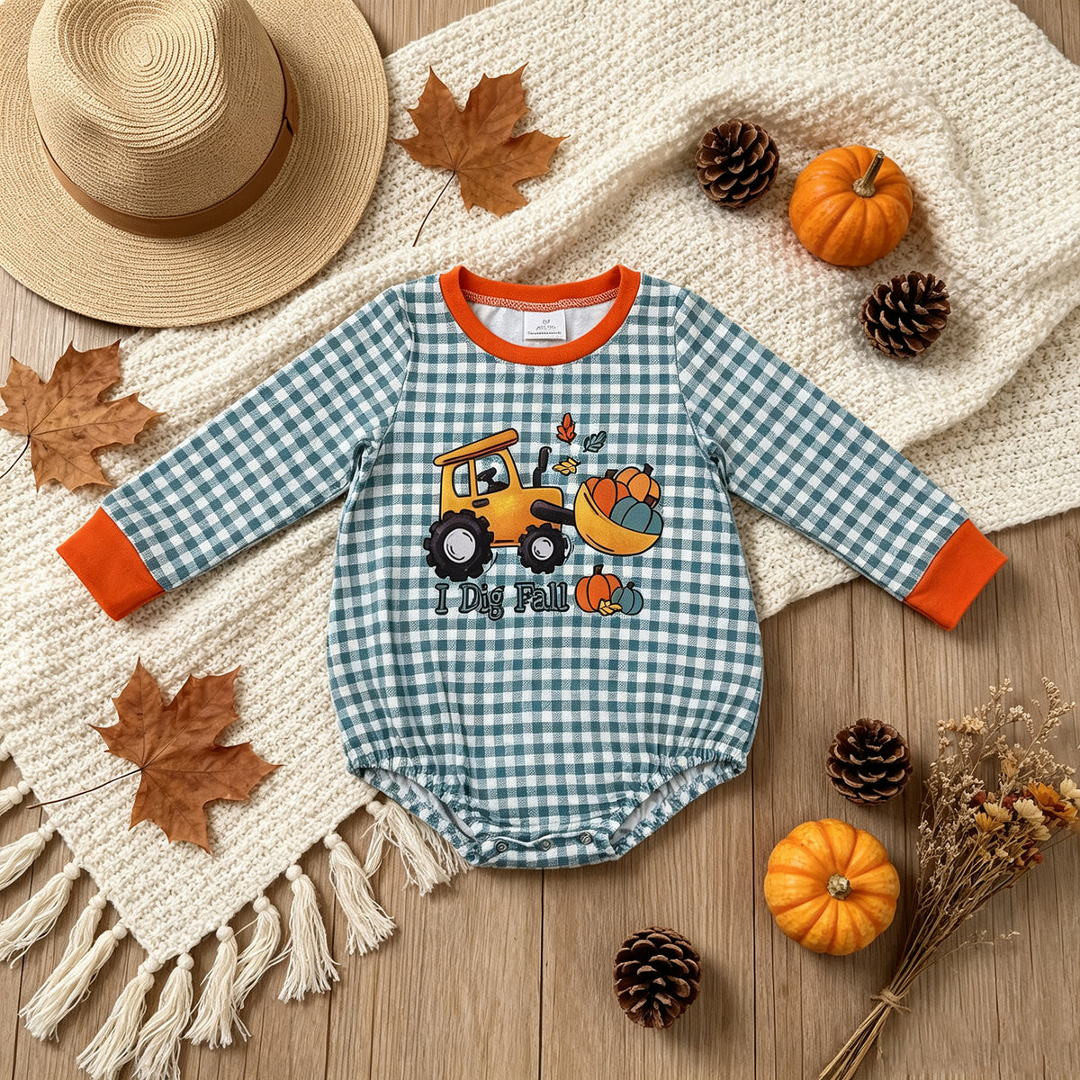 RTS NO MOQ milk silk LR3237 Baby Boys Long Sleeve Green Checked Pumpkins Truck Fall Romper