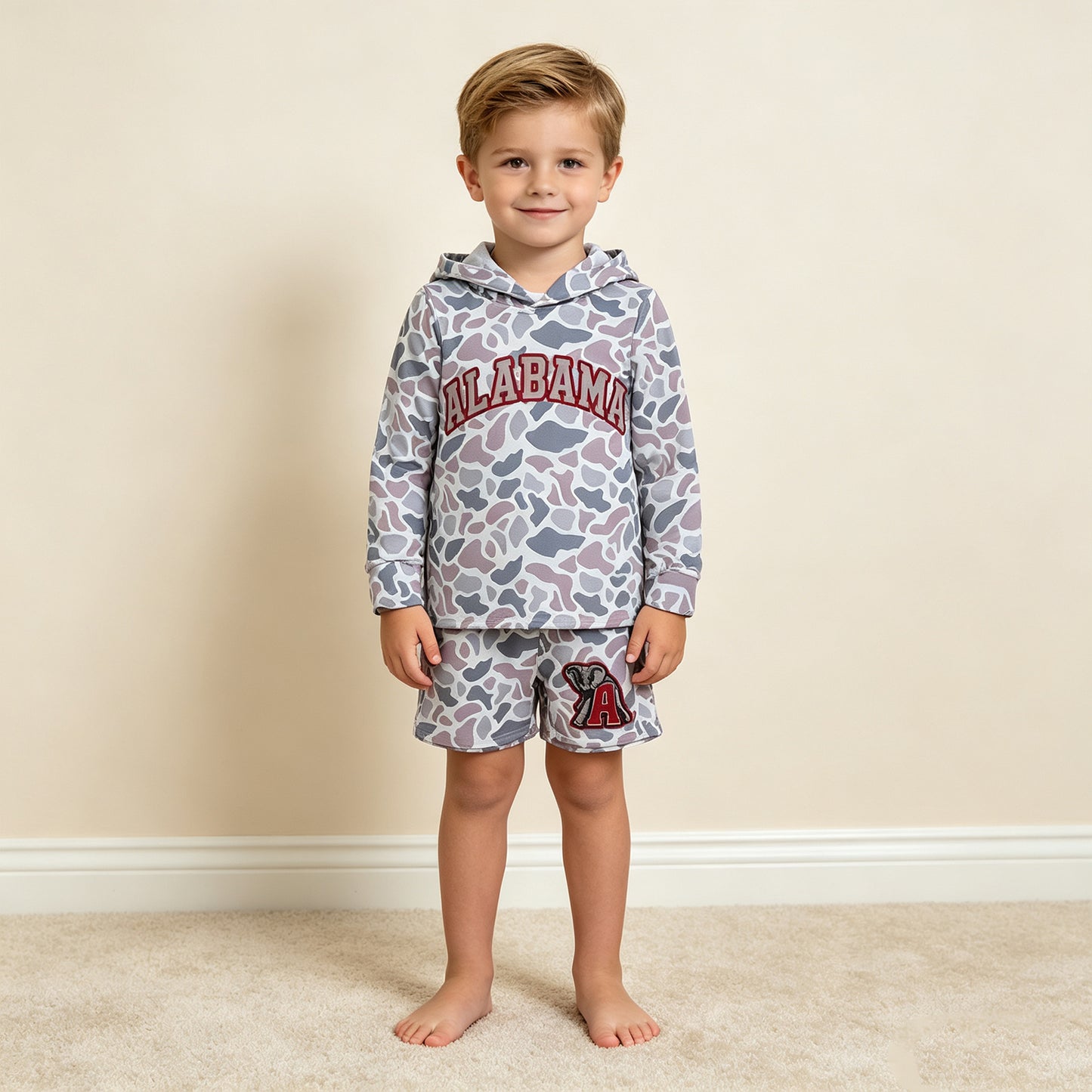 RTS NO MOQ milk silk BLS0044 Baby Boys Light Grey Camo Alabama Long Sleeve Hoodie Pockets Short Team Clothes Set