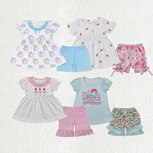 10.4 RTS Sibling Baby Girls Short Sleeves Flowers Tunic Top Ruffle Shorts Clothes Sets