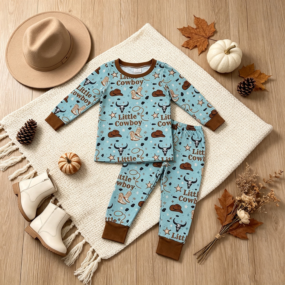 RTS NO MOQ （In stock）milk silk BLP1485 Baby Boys Little Cowboys Boots Top Pant Western Pajamas Sets