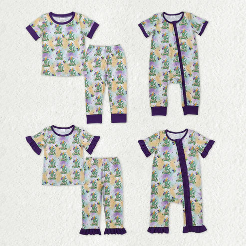 9.17 RTS Sibling Baby Kids Anchors Crocodiles Top Pants Mardigras Pajamas Sets Zipper Footie Rompers