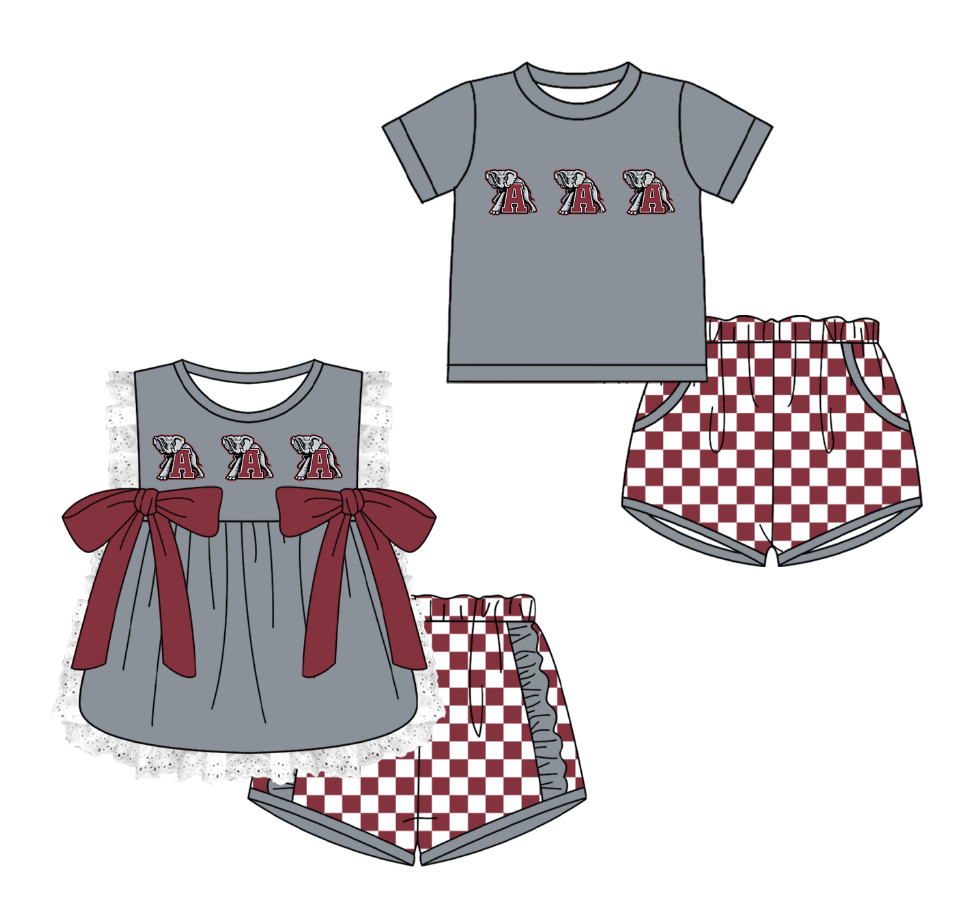 CUSTOM MOQ 5 Cute Comfortable Clothing For Kids Sibling Boys Baby Girls Gray Elephant A Top Checked Shorts Team Clothes Sets