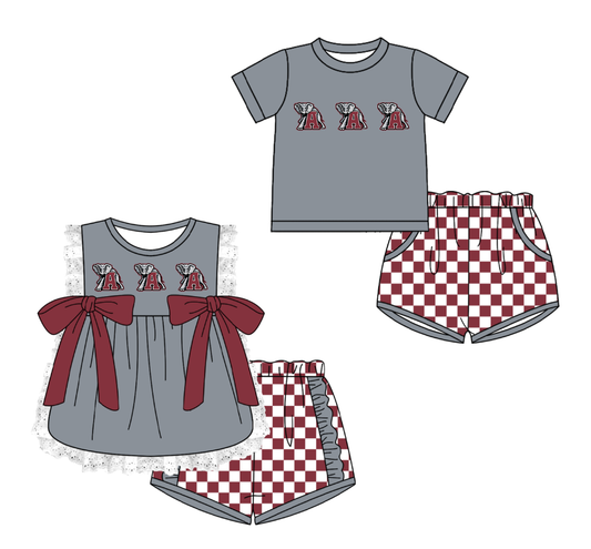 CUSTOM MOQ 5 Cute Comfortable Clothing For Kids Sibling Boys Baby Girls Gray Elephant A Top Checked Shorts Team Clothes Sets