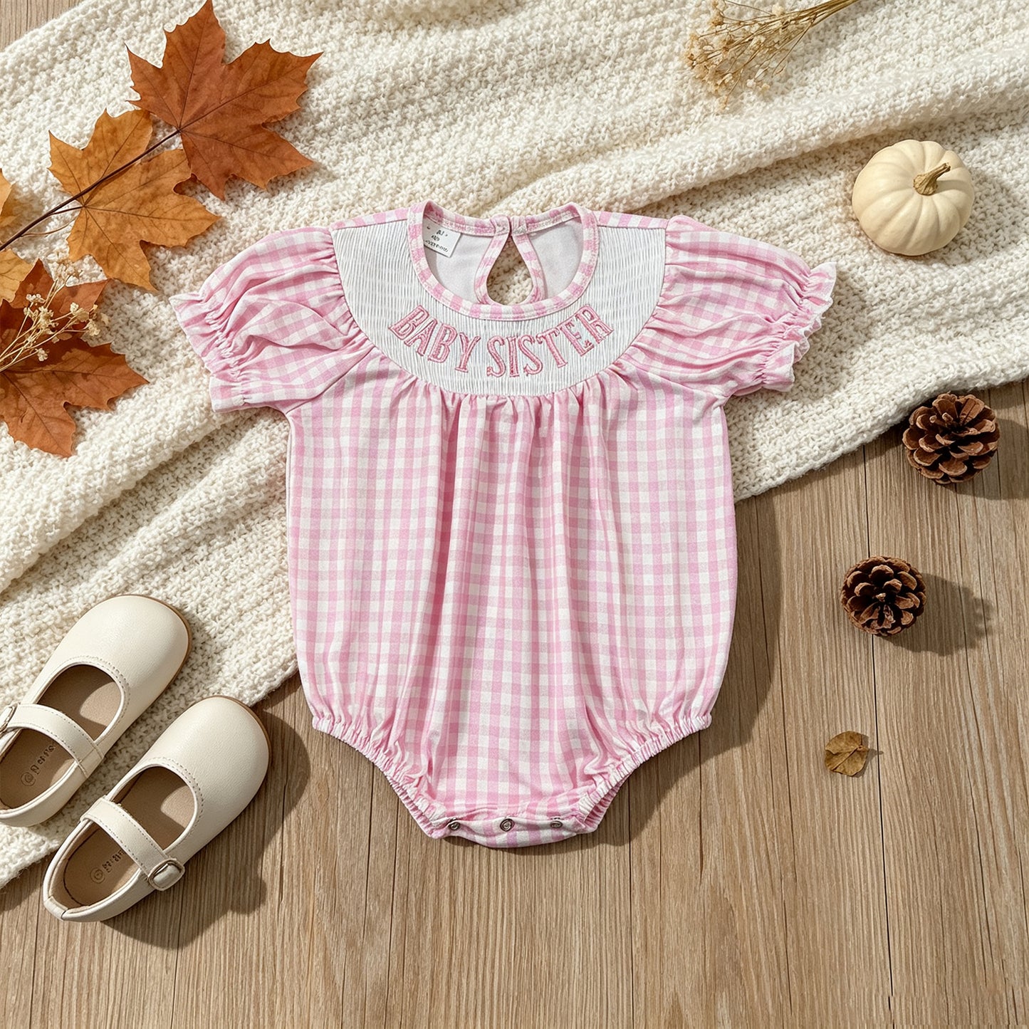 RTS NO MOQ milk silk SR4230 Smocked Baby Girls Pink Plaid Short Sleeve Ruffle Cute Rompers