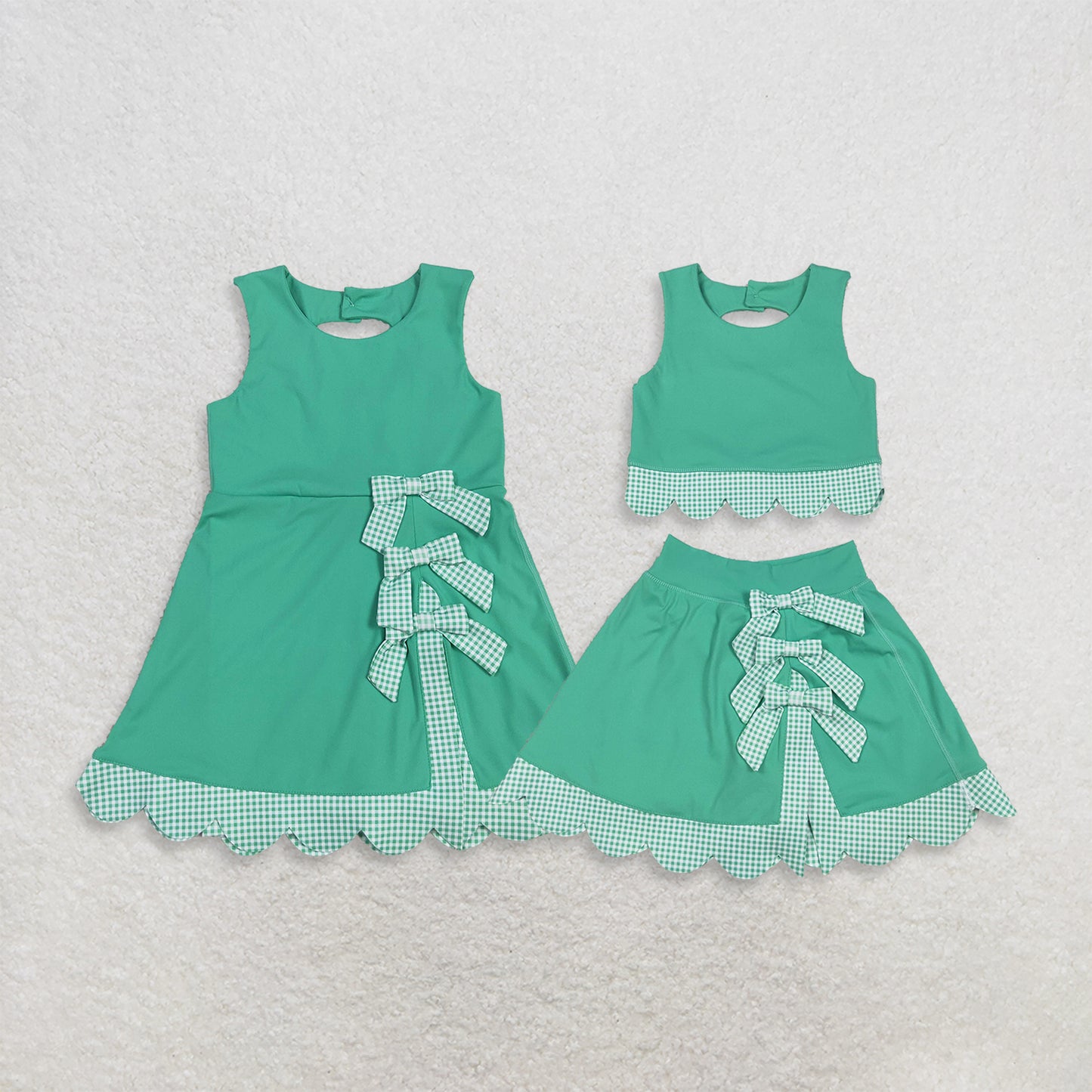 RTS Sibling Sleeveless green crop top plaid bow skirt kids girls active set and dress