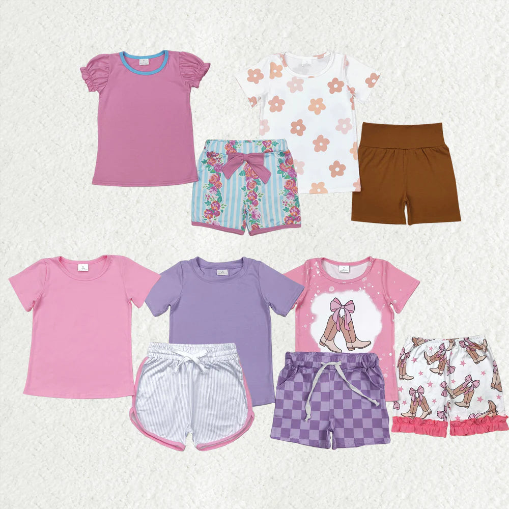 10.4 RTS Sibling Baby Girls Short Sleeve Flowers Boot Tops Biking Ruffle Shorts Clothes Sets