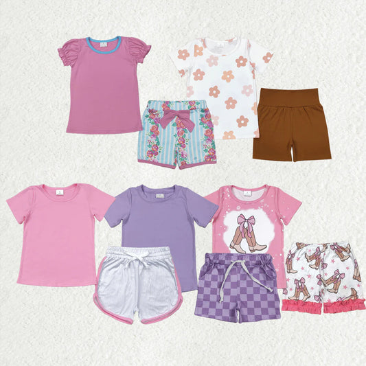 10.4 RTS Sibling Baby Girls Short Sleeve Flowers Boot Tops Biking Ruffle Shorts Clothes Sets