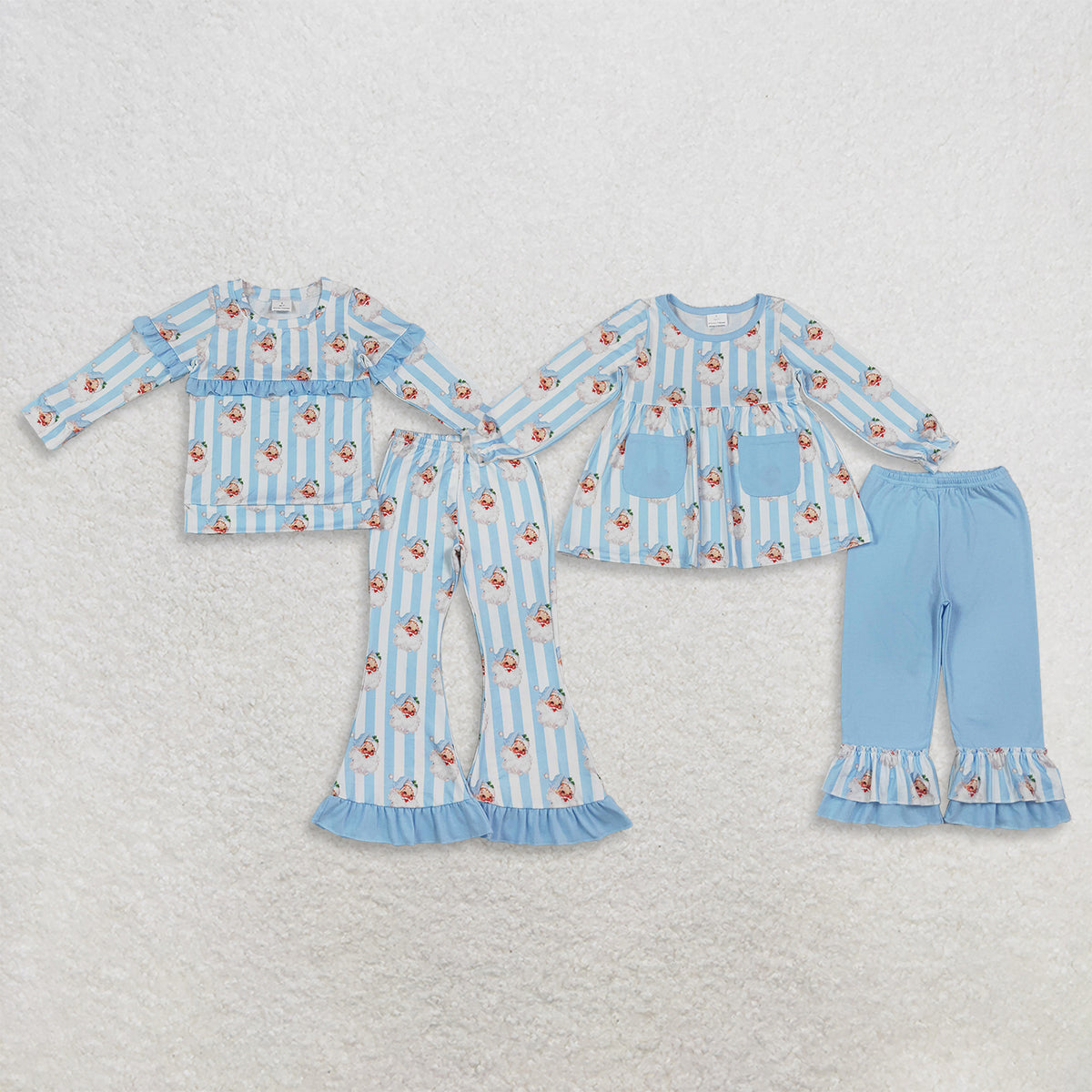 RTS NO MOQ Sibling milk silk Baby Girls Blue White Stripe Santa Print Ruffle Long Sleeve Top And Bell Bottom Pants Christmas Outfit