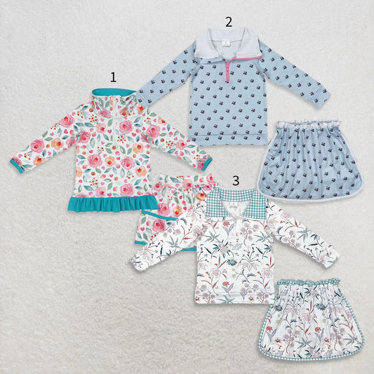 10.17 RTS Sibling Baby Girls Flowers Long SleeveZip Top Skirt Skort Bottoms Sets