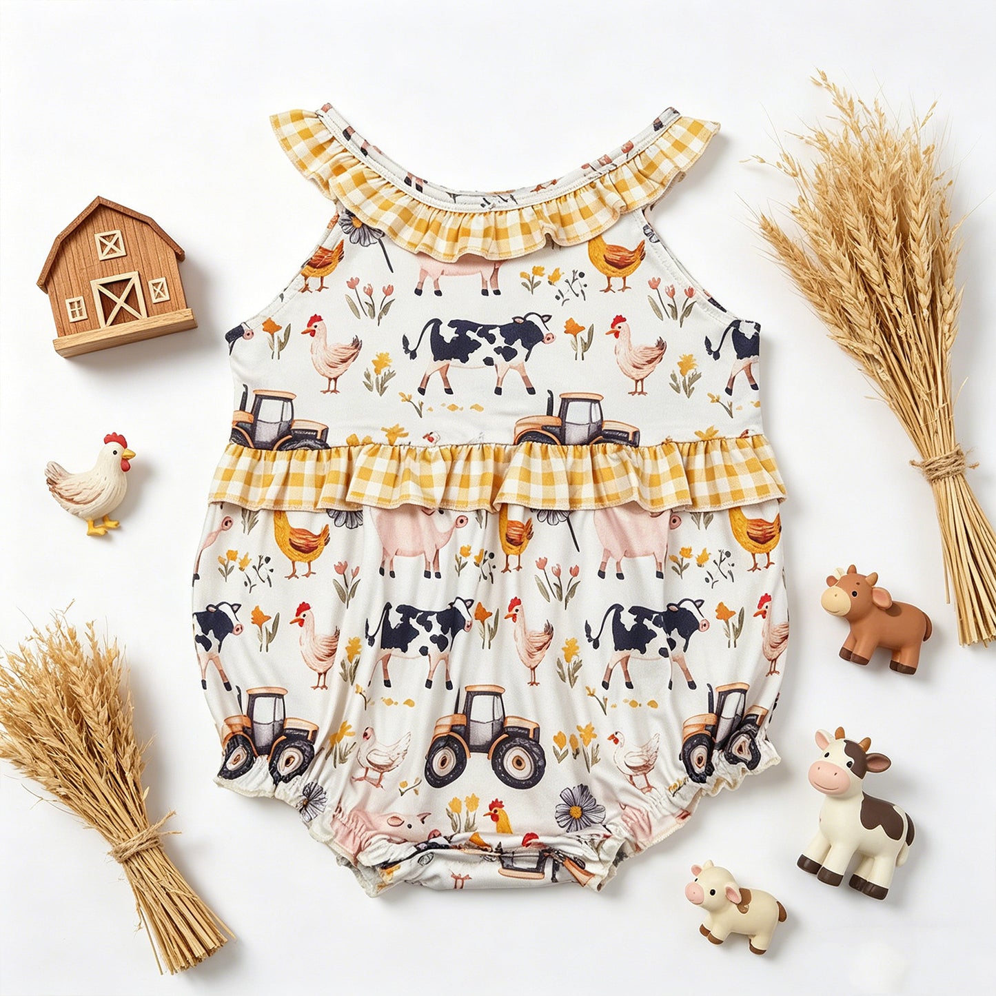 SR3848 RTS NO MOQ （In stock）Yellow plaid ruffle sleeveless farm baby girls romper