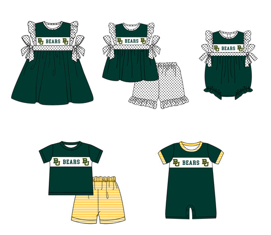 CUSTOM MOQ 5 Sibling Baby Kids Green Polka Dots Top Shorts Clothes Set Knee Length Dress Rompers