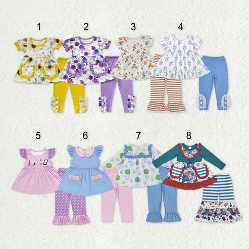 9.17 RTS Sibling Baby Girls Bows Flowers Tunic Leggings Pant Ruffle Sleeves Clothes Sets