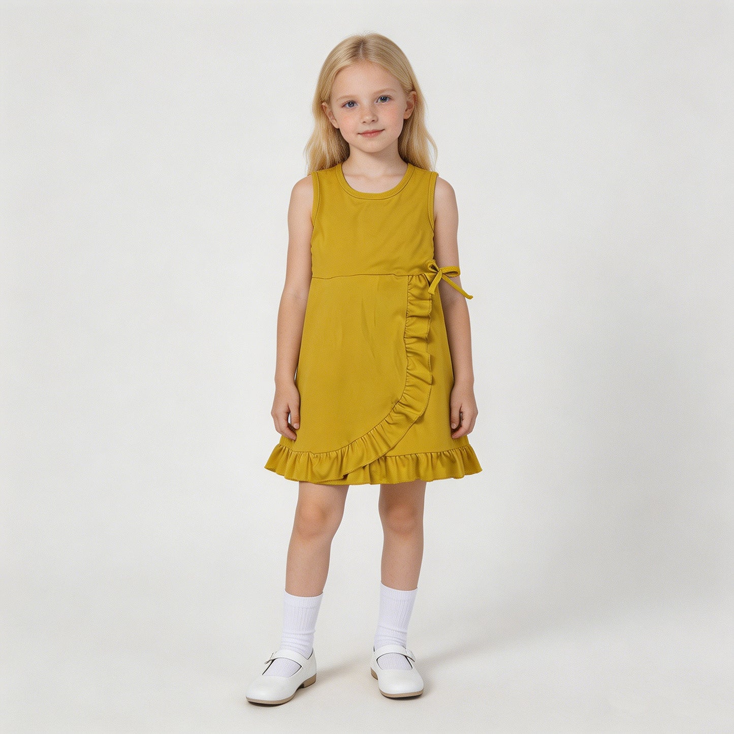 GSD3031 RTS NO MOQ （In stock）Sleeveless yellow bow ruffle kids girls summer athletic dress