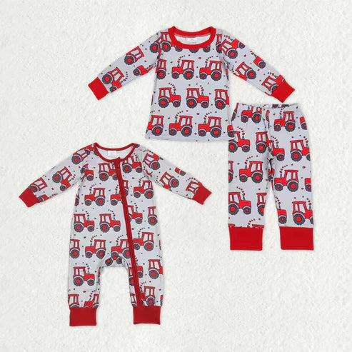 9.16 RTS Sibling Baby Boys Hearts Trucks Top Pants Valentine Pajamas Sets Zipper Footie Rompers