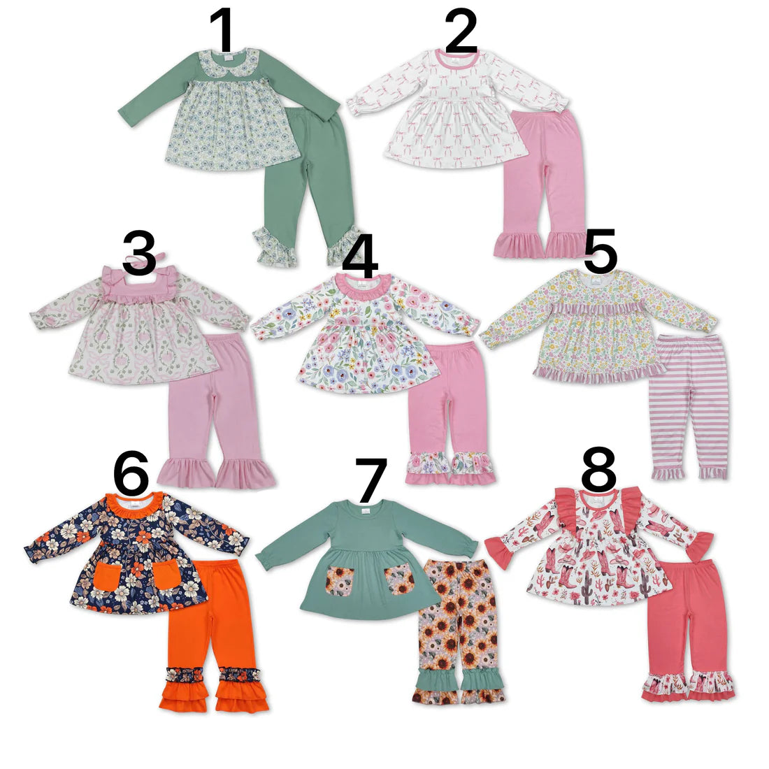 10.2 RTS Sibling Baby Girls Long Sleeves Colorful Floral Bows Plaid Tunic Ruffle Pants Sets