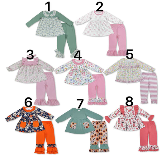 10.2 RTS Sibling Baby Girls Long Sleeves Colorful Floral Bows Plaid Tunic Ruffle Pants Sets