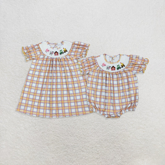 RTS Sibling Cow tractor plaid short sleeves farm girls dresses rompers