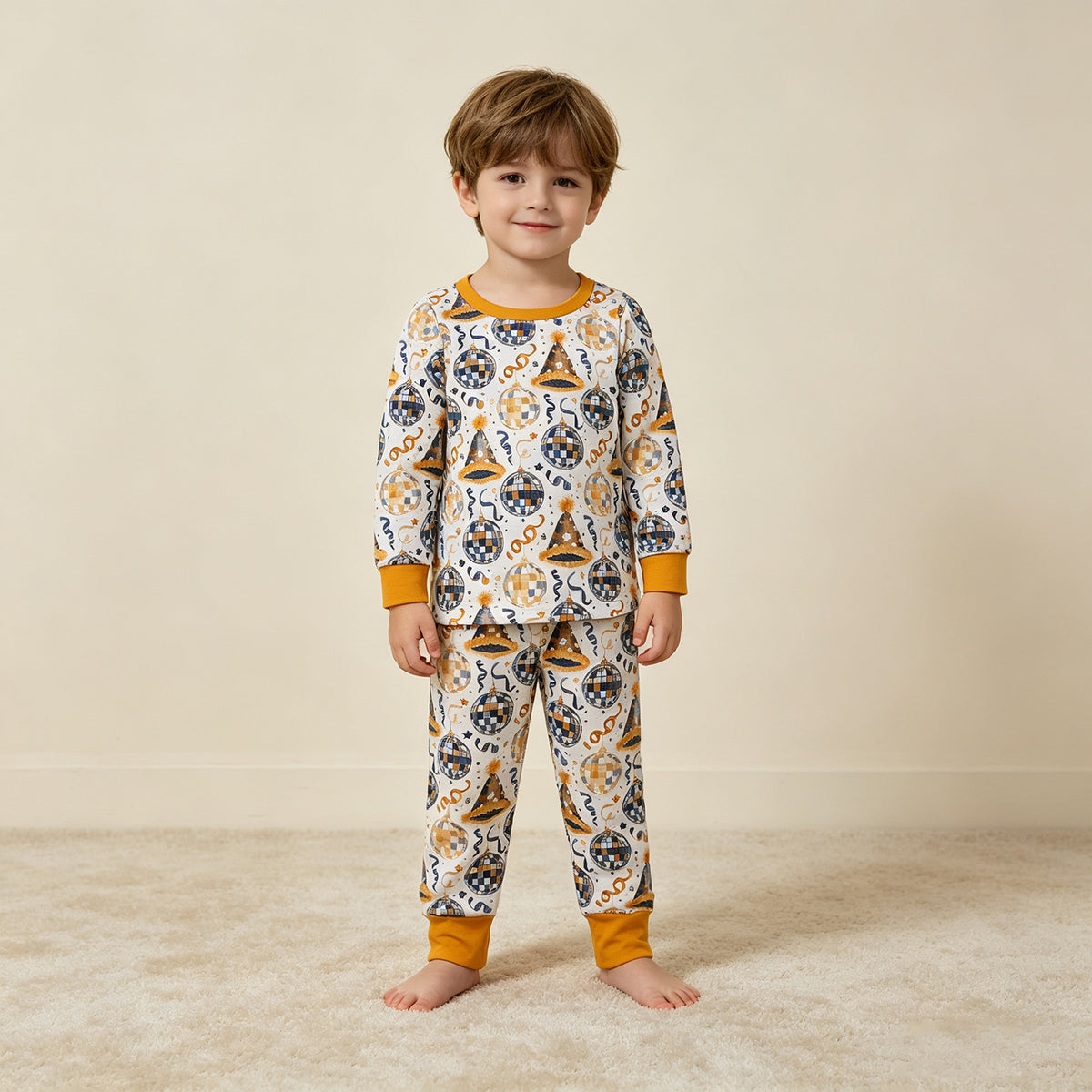 RTS NO MOQ milk silk BLP1534 Baby Boys Stars Lights Top Pant Happy New Year Pajamas Sets