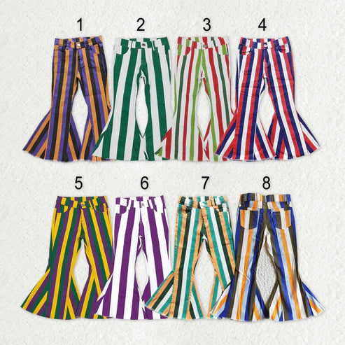 9.27 RTS Sibling Baby Girls Colorful Stripes Bell Bottom Denim Jeans Pants