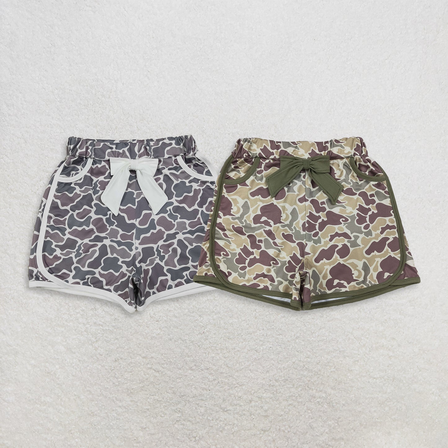 RTS NO MOQ Sibling Baby Girls Camo Bow Pocket Shorts Bottoms Daily Wear Bottoms
