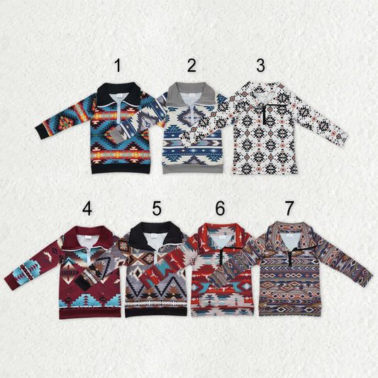 10.3 RTS Sibling Baby Boys Western Aztec Long Sleeves Zipper Pullover Tops