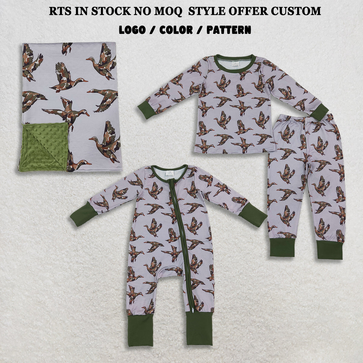 RTS NO MOQ Sibling milk silk Baby Boys Camo Mallard Duck Print Zipper Romper Kids Long Sleeve Pajama Set And Minky Blanket