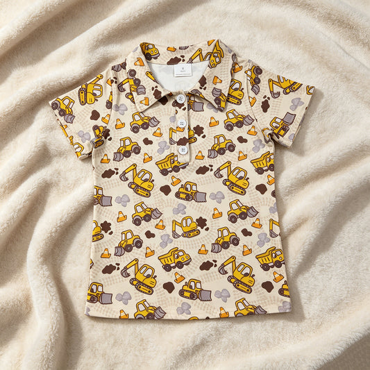 BT1792 RTS NO MOQ （In stock）Baby Boys Short Sleeve Excavators Tractors Button Polo Shirts Top