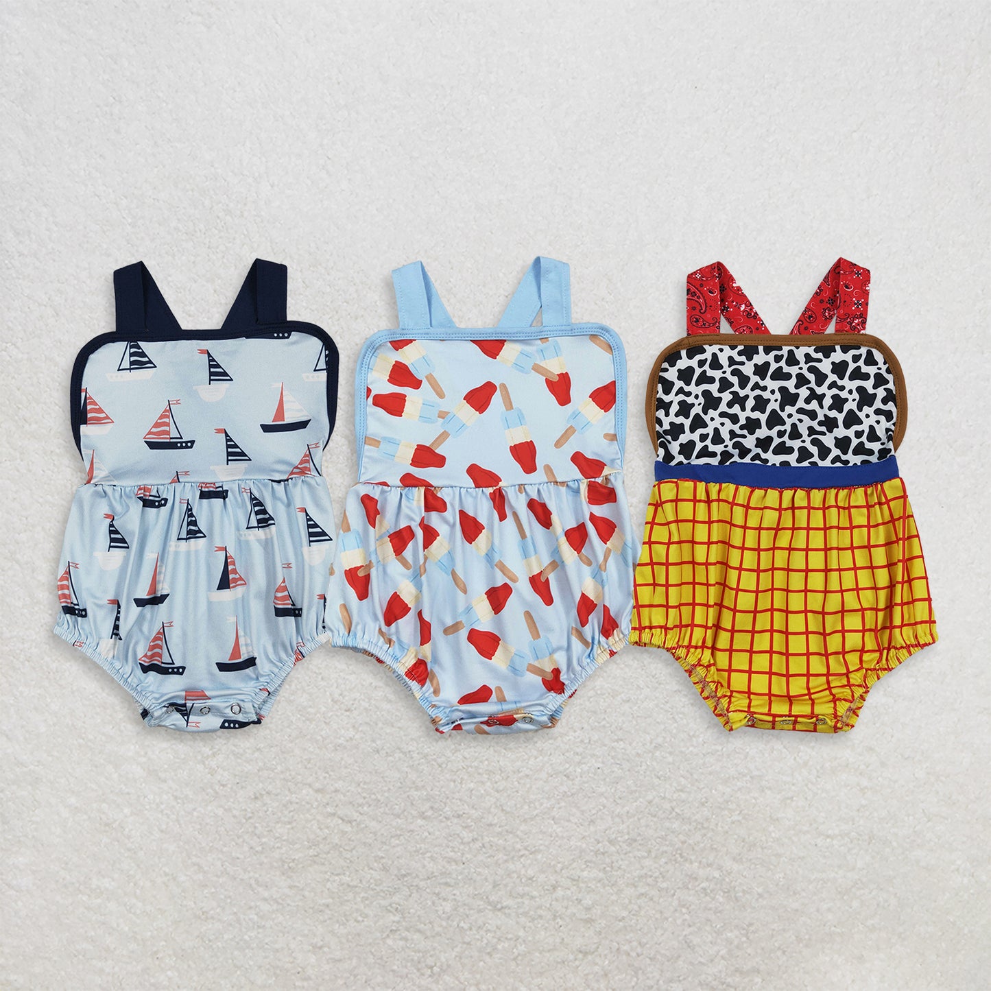 RTS Sibling Baby Boys Strap Boats Plaid Rompers