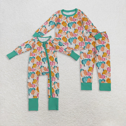 RTS Sibling Baby Girls Winter Outfits Colorful Pumpkin Long Sleeve Kids Girls Pajamas Rompers Fall Seasonal Sleepwear