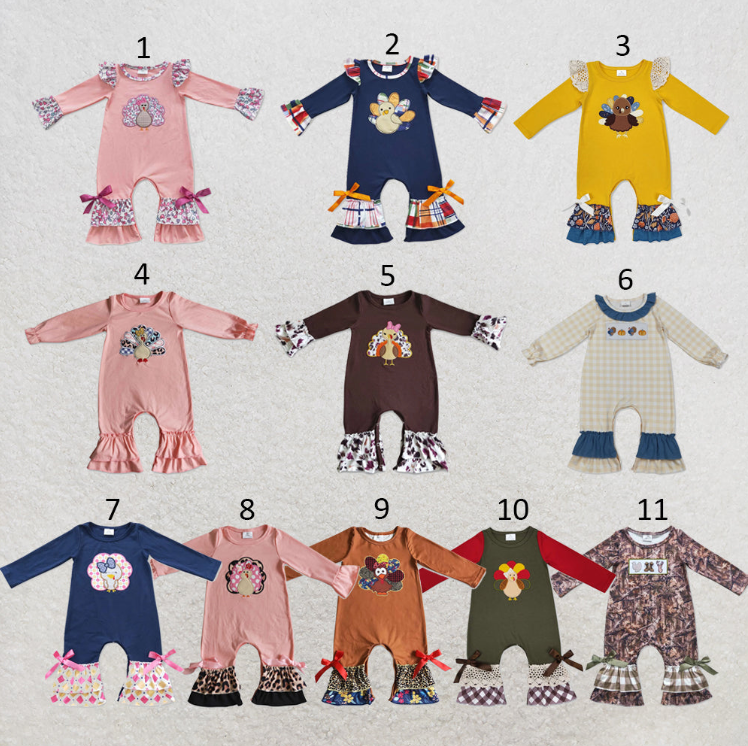 RTS Sibling milk silk Baby Girls Thanksgiving Turkey Print Ruffle Trim One Piece Rompers