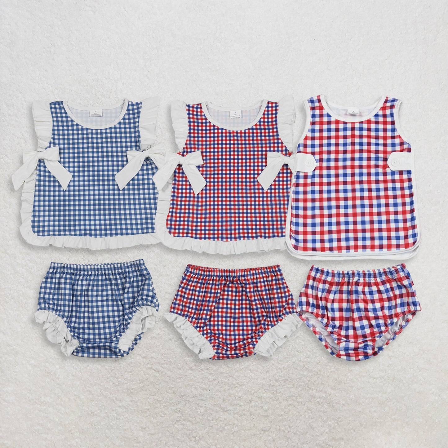 RTS Sibling  plaid baby girls 4th of july bummies set