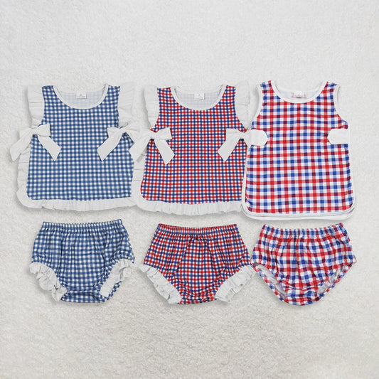 RTS Sibling  plaid baby girls 4th of july bummies set